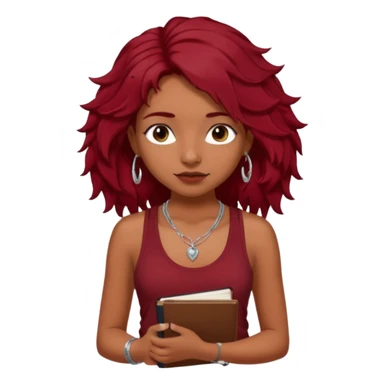 a pretty tan indian bratz girl with messy dark wavyred hair, wearing a dark red tank top, layered silver necklaces. Carrying multiple sketchbooks and pens sticker