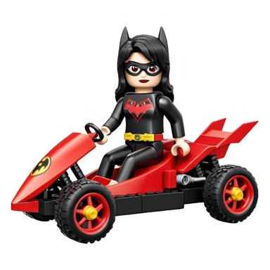 Hot full size real size-appearance electric racing action Lego BatWoman’s feminine midnight-colored tight outfit sixty’s tv show 1992 dark stealthy sporty safe plush petite off-road pursuit cruiser car rose gold accents (black hair,reclined and relaxed torso and shoulders seating position) go kart  sticker