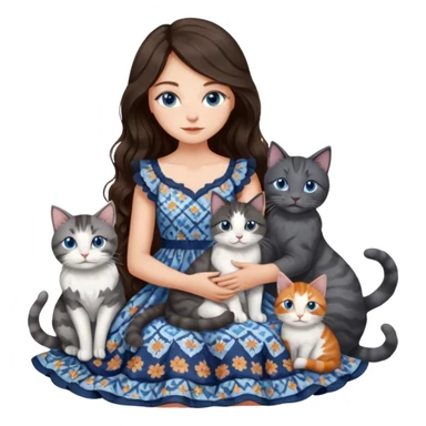 detailed realistic looking a dark grey and white cat regally sitting with six other cats, cuddling with their owner who is a pretty bratz lightly tanned white girl with long dark brown hair, blue eyes and gorgeous long wavy hair wearing a pretty detailed dress sticker