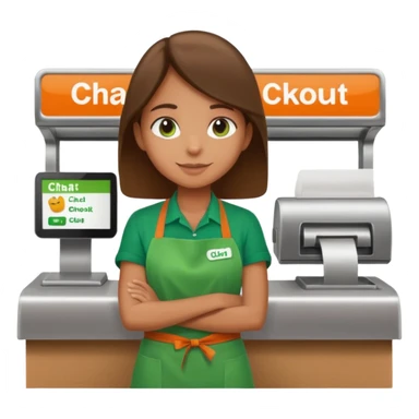 Eine Person wartet an einer Supermarktkasse. Die Kasse ist beschriftet als "Plauderkasse" und im grünen Design. sticker