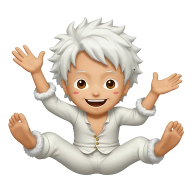 Create a joyful cartoon-style emoji of Luffy as a laughing character with wild, fluffy white hair and a glowing white outfit. The character should have a big open smile, one hand on its face in laughter, and be in a dynamic mid-air pose with bent legs, as if carefree and floating. sticker