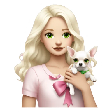 pale blond yt girl with wavy long platinum white hair with bright green eyes holding a white chihuahua puppy that wearing a pink bow sticker