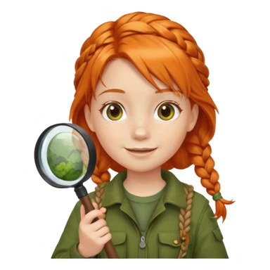 braid orange haired girl kid in moss green explorer outfit, holding magnifying glass, smile sticker