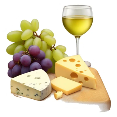Wooden board with different kind of cheese, grapes and a glass of white wine sticker