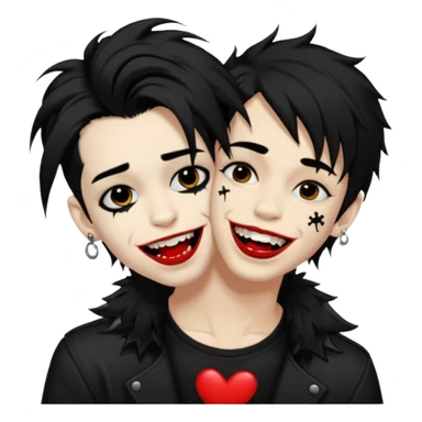 Laughing pale Goth boy with a bunch of face piercings, with shaggy dark brown hair, and messy black eyeliner , smudged, red, lipstick , kissing tan boy with long black hair  sticker