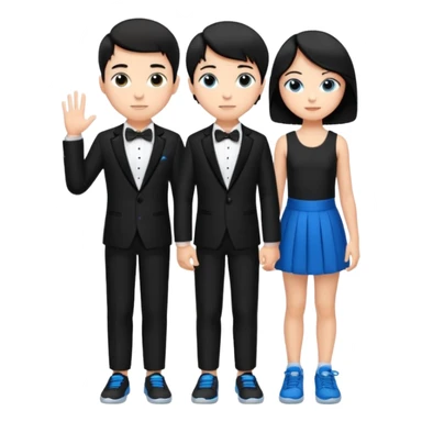 generate a pretty bratz fair skinned boy with short black hair wearing a black tux with blue sneakers with a girl sticker
