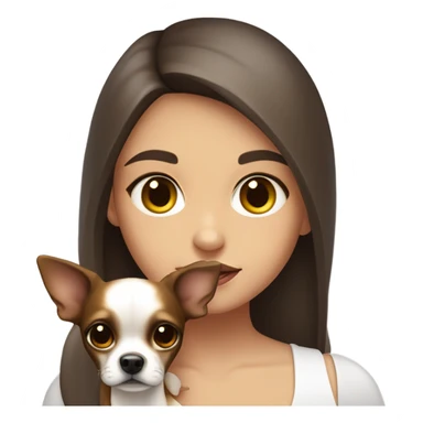 A girl with long brown hair, big dark brown eyes, huge lips wearing a white singlet top, she is holding a chihuahua that only has one colour being yellow sticker