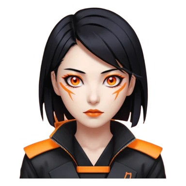 Cyberpunk Japanese woman, mid-50s looking young, sharp features, sleek black hair, glowing orange eyes, vengeful expression, neon highlights. sticker