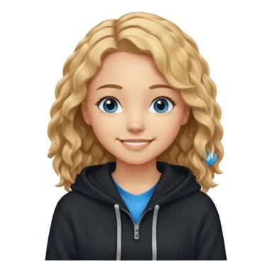 мила дівчинка з пшеничним хвилястим волоссям до грудей з голубими очами в чорному худі посміхається sticker