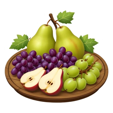 medieval fruit platter object icon, sliced apples and pears, grape clusters, rustic plate, fresh juicy look, 3D cartoon, mobile game icon style, clean background, no text, no watermark
 sticker