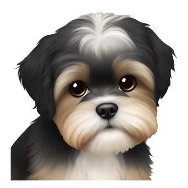 Shih tzu black puppy, yorkie coloring with light colored eyebrows. Round face, short ears. Looks like teddy bear  sticker