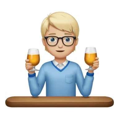 Wygeneruj mi emotke ubranego chłopaka i pokaż go od stóp do głów o włosach blond z niebieskimi oczami w okularach, który utrzymuje się na drążku sticker