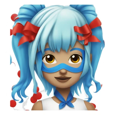 Girl with blue hair two ponytails on the side with red ribbons on it and a red mask with black dots on it sticker
