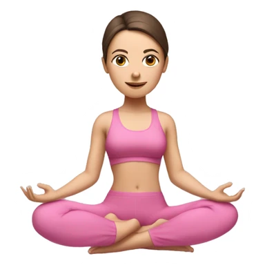 Brunette white girl in pink suit doing yoga with clothed eyes and band on her head sticker