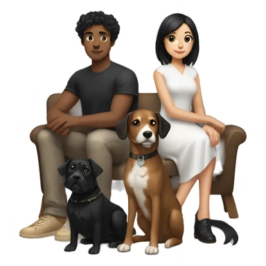 girl with white skin and black hair sitting next to a man with tan skin and black hair, a black and white dog sitting next to them and also a brown dog sitting next to them  sticker
