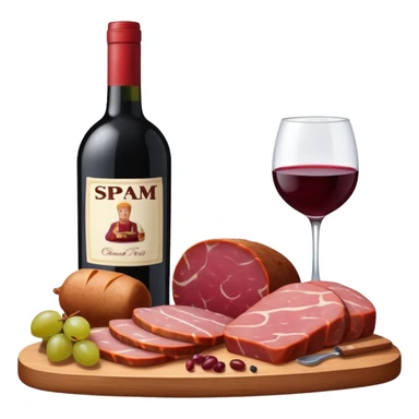 SPAM MEAT charcuterie with fruit and a bottle of wine sticker