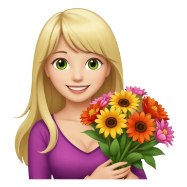 Long blonde haired with bangs, and big boobs smiling woman with hazel geen eyes holding a big bouquet of beautiful bright flowers  sticker