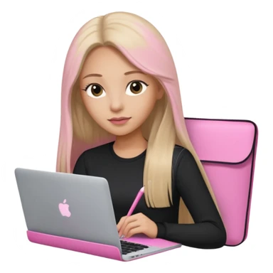 Mujer lacia peli larga y peli larga  en una MacBook rosa investigando y haciendo tareas con un libro de apuntes y con cara muy linda como modelo sticker