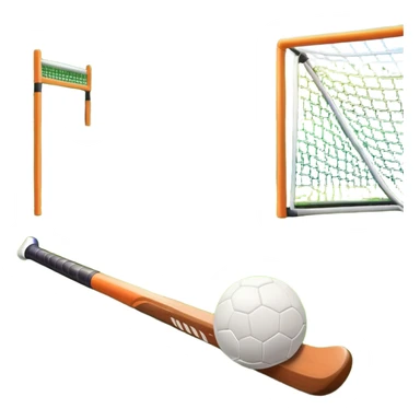 A field hockey stick and ball positioned on a vibrant green grass field, with the goalposts and clear field markings in the background. The scene highlights the lush, well-maintained turf, emphasizing the speed and precision of the sport in an energizing outdoor setting. sticker