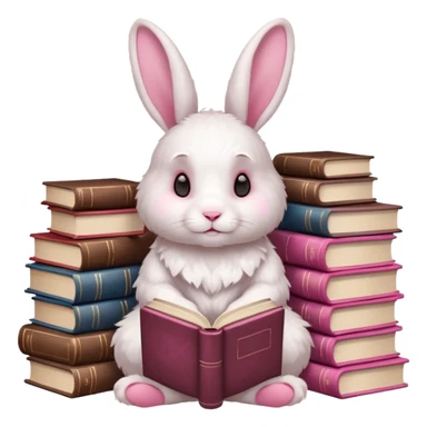 White rabbit sitting horizontally in a natural position on 4 legs, without a book.  There are 3 books nearby. books lie on top of each other  in brown tones

 sticker