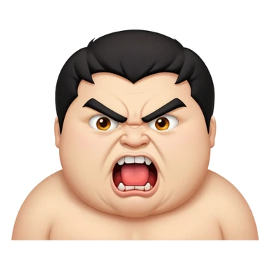 young angry fat man in profile view with black hair, fangs, crossed eyes, long tongue sticking out sticker