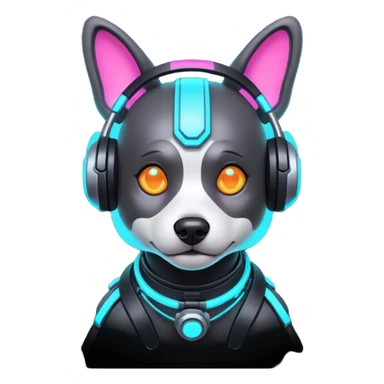 cute cyberpunk dog, futuristic headset, neon harness, glowing cyber implants, street punk vibe, 3D cartoon, mobile game icon style, clean background, no text, no watermark
 sticker