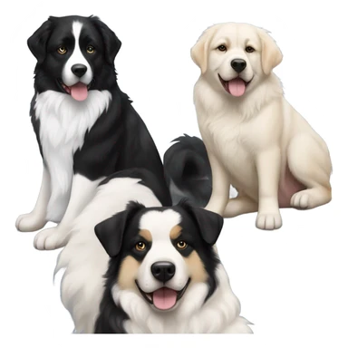 Landseer Great Pyrenees, black and white Husky, Black tri Australian Shepherd and tan and black French Bulldog sitting next to each other sticker