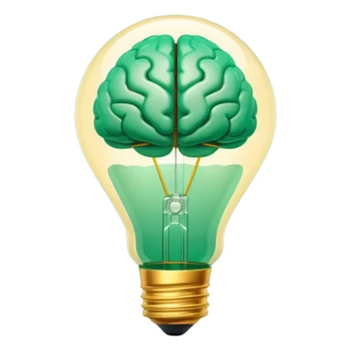 3D lightbulb icon with brain pattern inside, glowing softly, modern glossy style, deep green (#0B3D2C) base, gold (#C9B037) filament glow, cream (#F5F5DC) light, transparent background, premium render sticker
