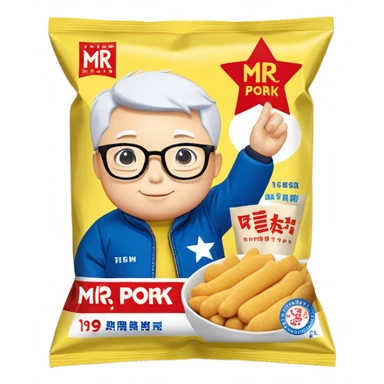 a yellow snack package labeled "MR KIM PORK" with "THE LEGENDARY SNACK" written at the top. The packaging features an illustrated person wearing glasses and a blue jacket with a red band containing a white star. The package also indicates it contains "11g PROTEIN PER PACK" and has "TRIPLE" on a banner with numbers "190/135". sticker