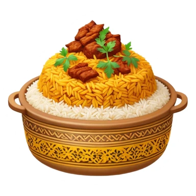 Cinematic Realistic Biryani Dish Emoji, depicted as aromatic basmati rice layered with spiced meat and herbs rendered with vibrant textures and warm, inviting lighting. sticker