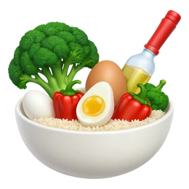 3D food emoji, glossy, smooth shapes, premium style,
broccoli, red bell pepper, rice bowl, chicken breast,
boiled eggs, vitamins bottle,
light warm background
 sticker
