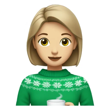 Light brown short haired girl with green eyes drinking coffee wearing blue Christmas sweater sticker