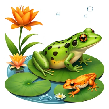 Icon for Amphibians: A colorful collage featuring a frog sitting on a lily pad, a salamander crawling on the ground and a newt swimming in water. The background features lily flowers and a calm pond setting. Transparent background. sticker