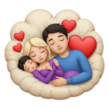 Sleeping romance couple. man has dark hair. woman is blonde. hearts around them. sticker