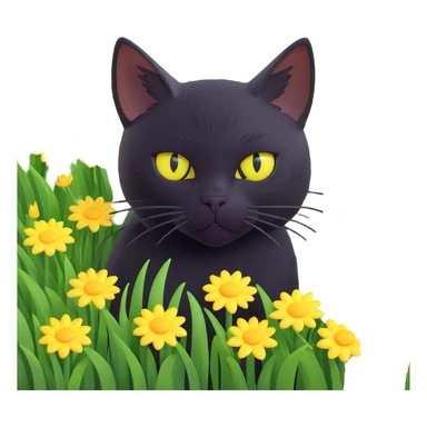A black cat with bright, inquisitive yellow eyes peeking through a field of green grass dotted with yellow and white flowers sticker