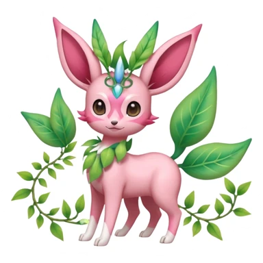 Rosy floral romantic cute Sylveon-Eevee-Celebi-Leafeon-Pokémon-Digimon-Fakémon-hybrid-fusion-creature with vines entangled around the legs and tail and neck sticker