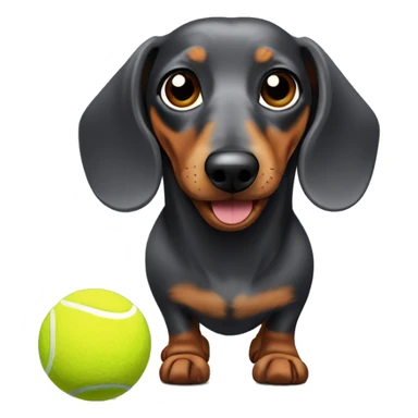Dapple dachshund with brown eyes that carries a tennis ball sticker