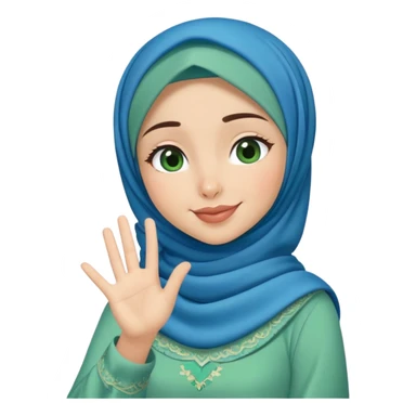 Turkish beautiful finish Konya girl blue hijab and green heart dress and wink her hand goodbye  sticker