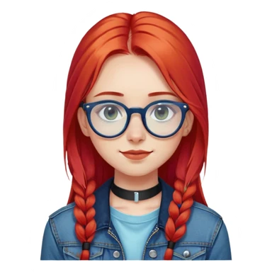 young woman facing forward, long straight bright red hair, blue translucent glasses, black septum ring, black choker necklace, dark denim jacket, calm neutral expression with light smile, cute face, olive white skin sticker