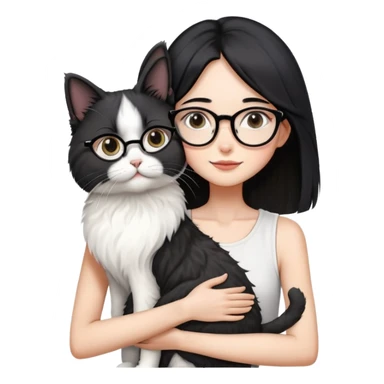 Skinny woman with oval glasses, shoulder length straight black hair, wearing white sleeveless top, hugging a Persian-Angora cat that's gray and white like Oreo cookies, plain background sticker