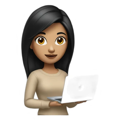 memoji of a female with a modern apple laptop in front, black hair, beige skin, black sweater, computer in hand --ar1:1 sticker