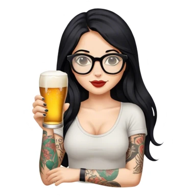 A beautiful woman with long black hair, wearing slippers and glasses, with tattoos on her arm, holding a beer in one hand. sticker