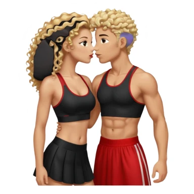 athletic man, high top fade, blonde curly hair only top only, no shirt and Athletic girl with long light red wavy long hair and black sports, Put them together kissing, or holding hands give the girl red hair and a long skirt sticker