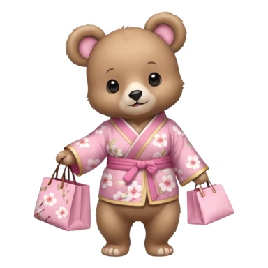 A cute baby bear character in pastel style, standing upright like a human. 
Light brown soft fur, large round ears, rounded paws and feet. 
Wearing a pink kimono with soft cherry blossom patterns on the sleeves and bottom, Holding a cute pastel shopping bag with one paw, walking pose. sticker