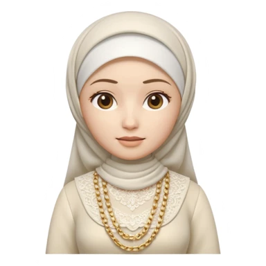 female memoji character, iPhone style, wearing white hijab, white lace top, pleated long skirt, cream handbag with gold chain, soft 3D shading, cute expression, no background, transparent PNG sticker