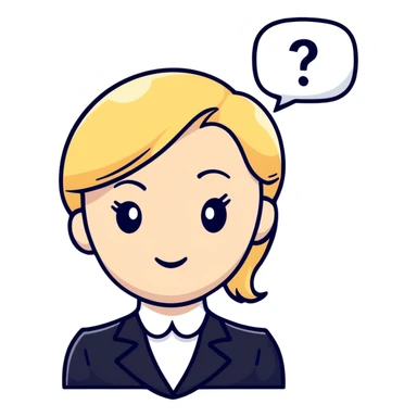 blonde haired white woman in a black formal suit with a white speech bubble containing a black question mark next to her head sticker