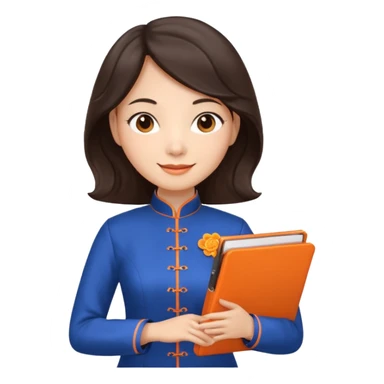 Teacher emoji but : wavy dark brown hair, light skin, no glasses, dark eyes, with a computer folder in the hand (color is orange), being a teacher, wearing a chinese qipao ( dark blue)


 sticker