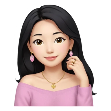 South Korean girl in her mid-thirties with long black hair and a middle part. She is wearing a baby pink, off the shoulder long sleeve knit sweater. She has small gold earrings and a gold necklace. She has brown eyes with narrow, mono lid shape and smiling with lips together sticker