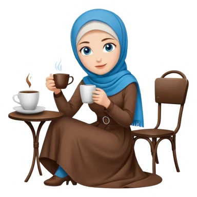 Turkish beautiful finish Konya girl blue eyes with brown hijab long tail dress and sits on the chair on the ground and holds cup coffe with her hand  sticker