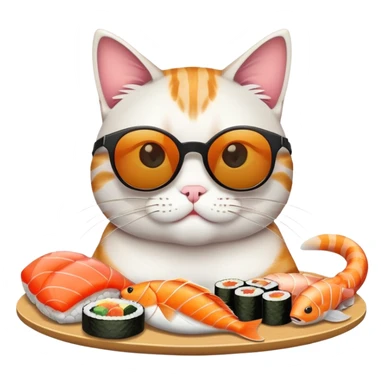 cat wearing sunglasses, looking cocky, eating sushi with more fish around sticker